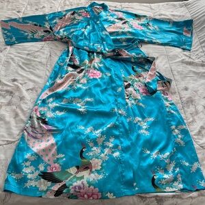 Applesauce teal blue satin peacock floral silk-like belted robe, one size boho